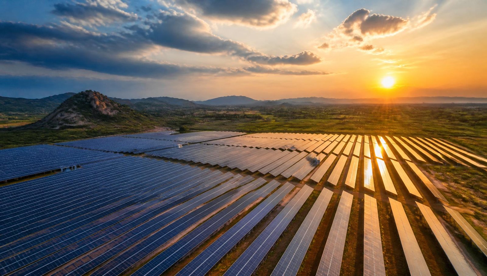 Aerial view of a large solar power plant at sunset