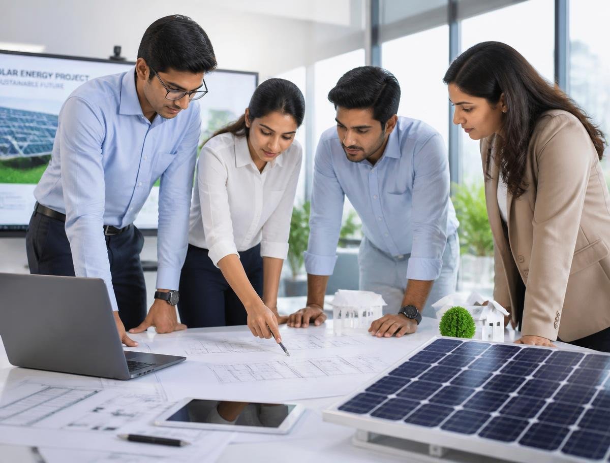 Redelux Khatana engineering team reviewing a solar project design
